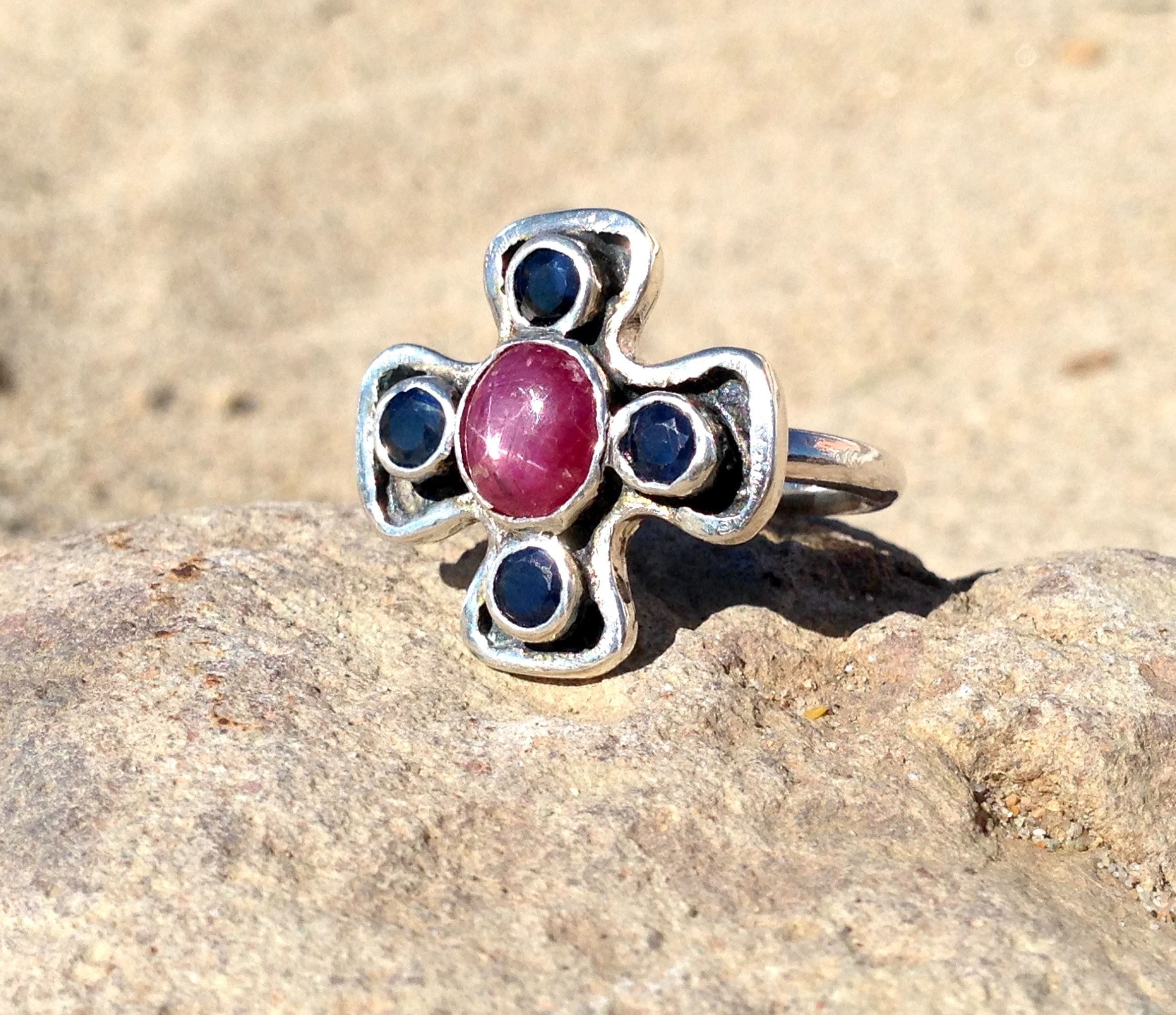 silver ring with ruby and sapphires
