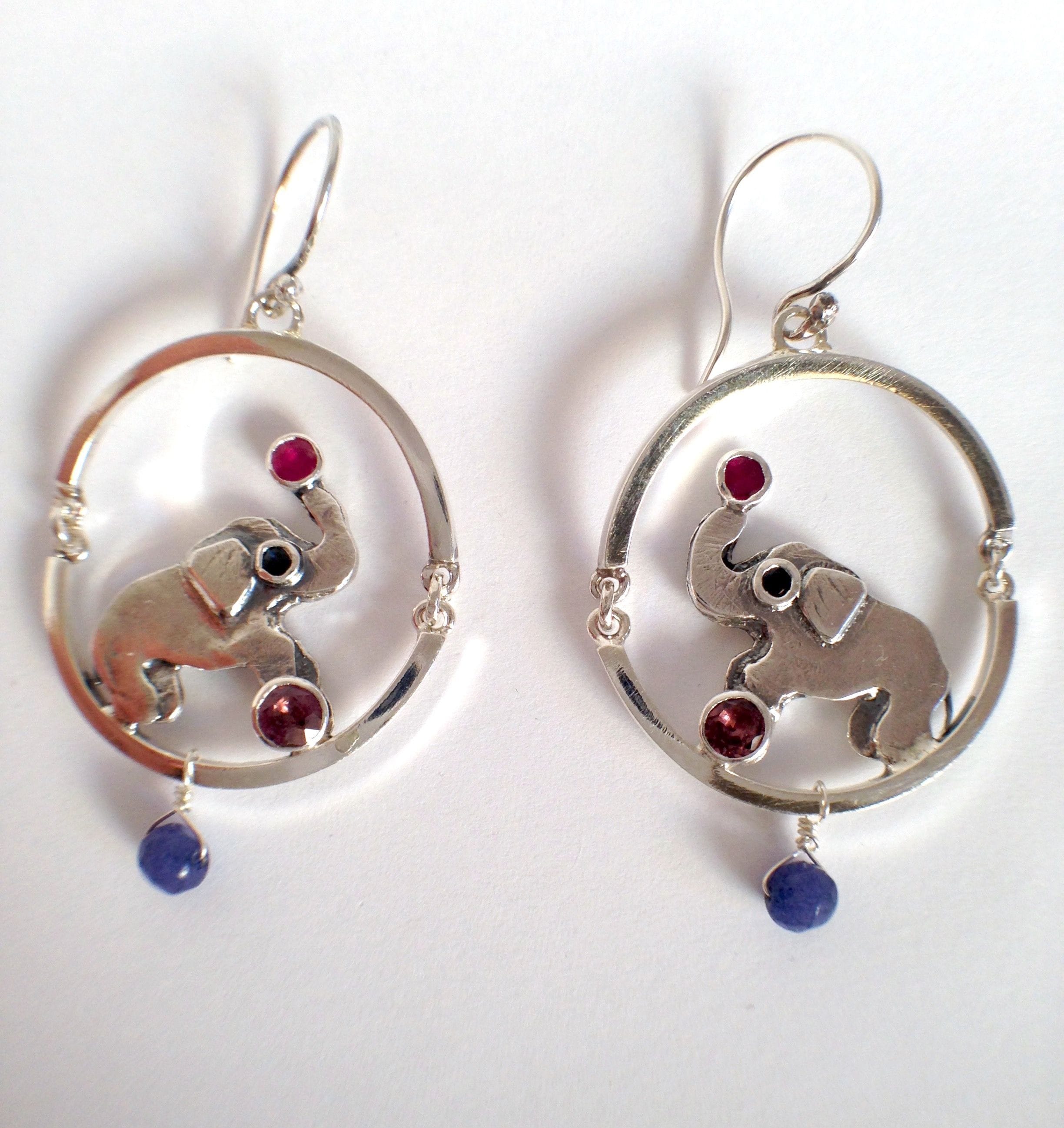 silver swinging earrings with ruby, tourmaline and sapphire