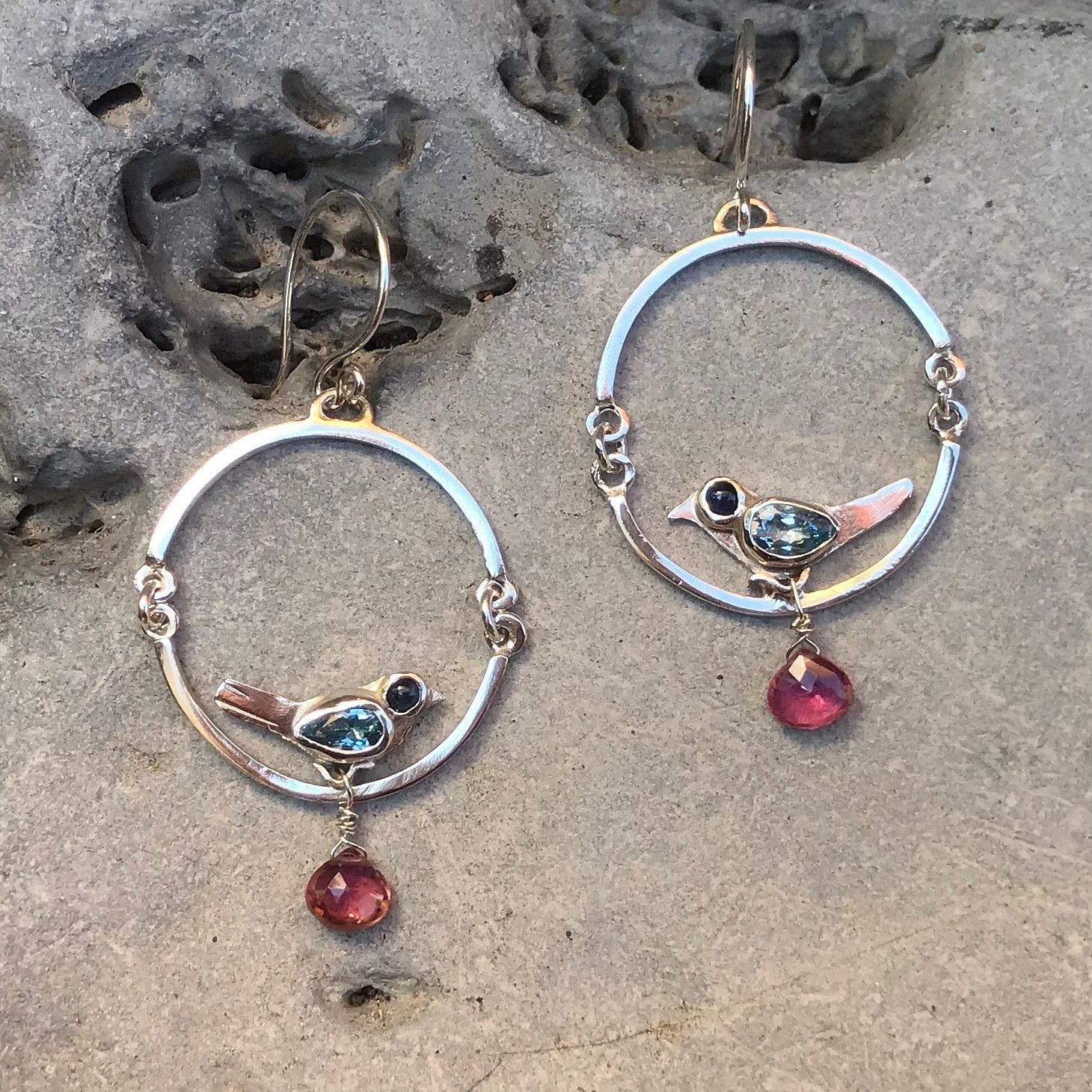 swinging bird earrings
silver, aquamarine, sapphire, tourmaline