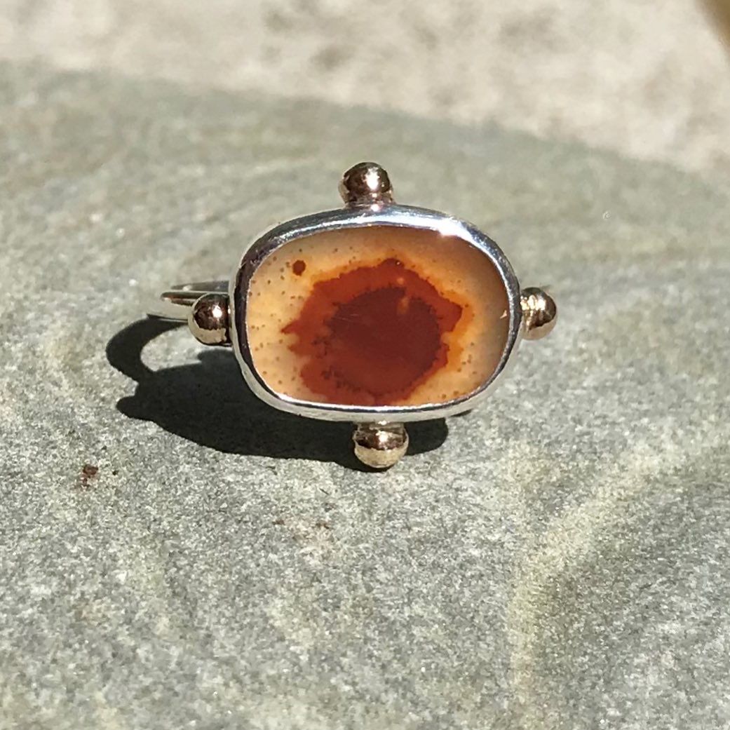 Silver ring with14k gold balls, and dendritic agate